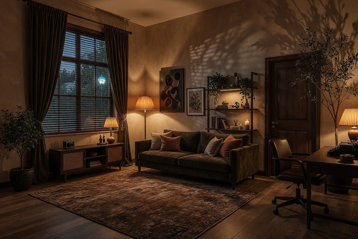 Creative studio after warm ambient workspace transformation, with sofa, desk, bookshelves, plants, dark curtains, layered lamps, textured rug and cinematic personal atmosphere.