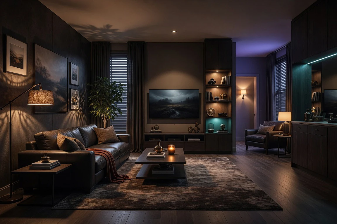 Dark premium living room after cinematic interior mood concept, with layered ambient lighting, leather sofa, textured walls, plants, shelves, artwork, soft shadows and subtle teal accent glow.