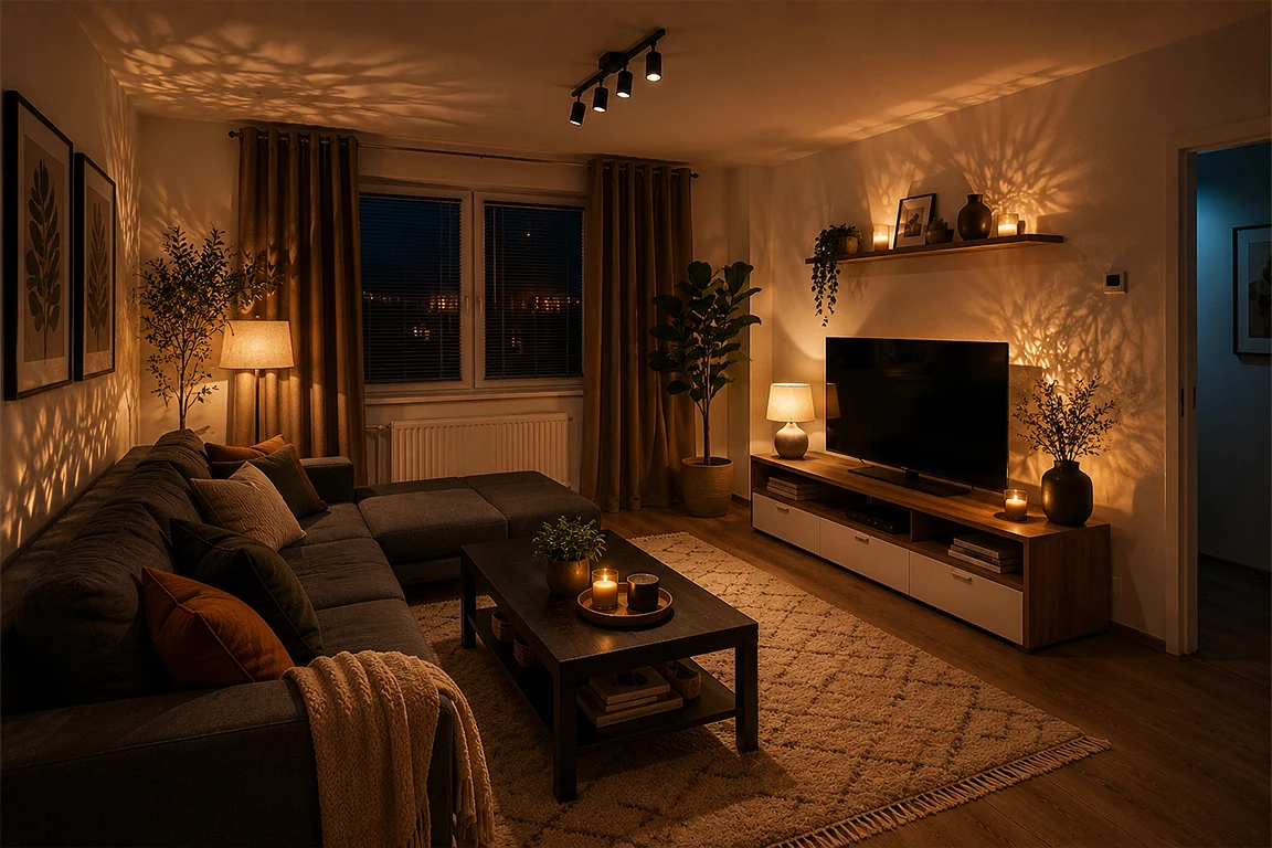 Cozy living room after warm ambient lighting concept, with layered lamps, plant shadow patterns, candles, textured rug, curtains, sofa styling and cinematic evening atmosphere.