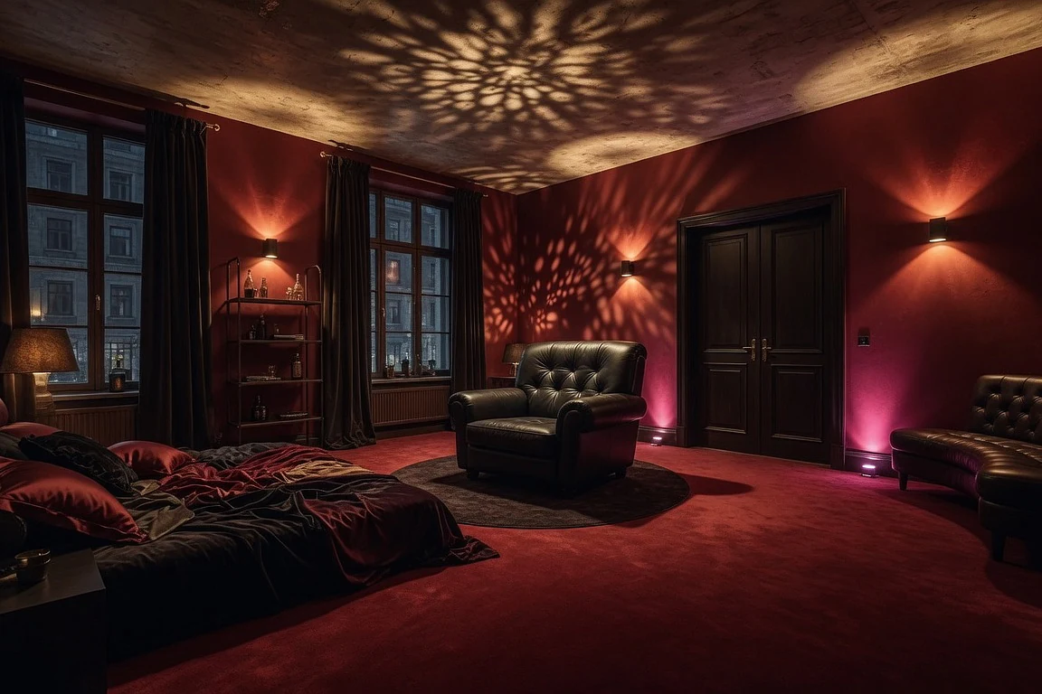 Red private lounge after ambient lighting concept, with dark curtains, leather armchairs, red carpet, warm wall lights, dramatic ceiling shadows and cinematic intimate mood.