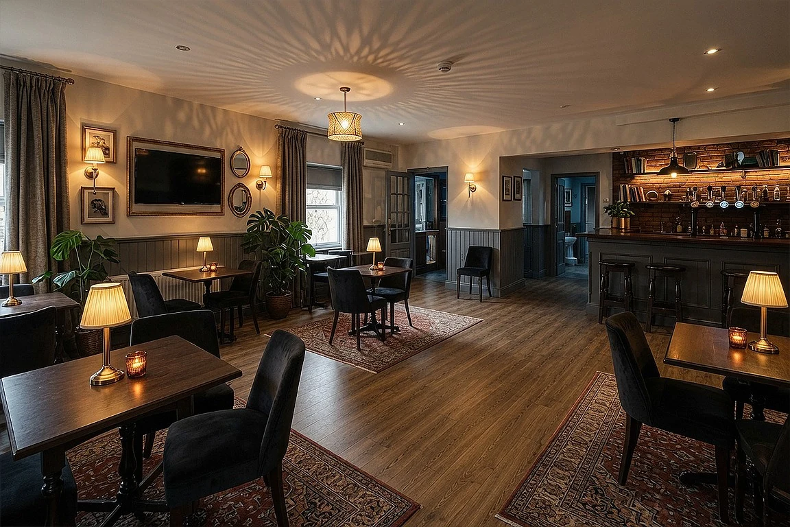 Small pub lounge after warm ambient lighting transformation, with cozy table lamps, bar area, patterned rugs, dark chairs, layered lights and inviting hospitality atmosphere.